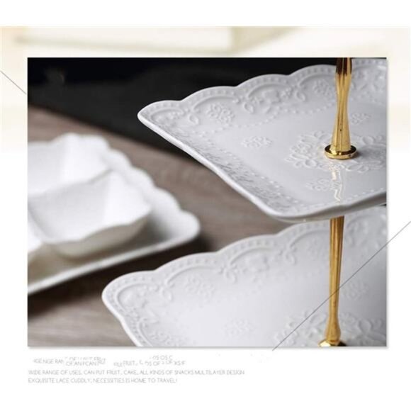 3 Tier Porcelain Cupcake Stand, Tiered Serving Cake Stand, Square White Embossed - Picture 5 of 7